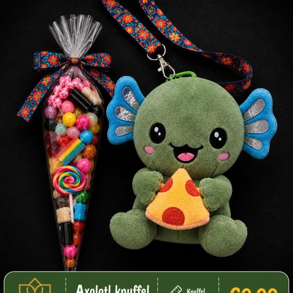 Axolotl knuffel groen met puntzak snoep