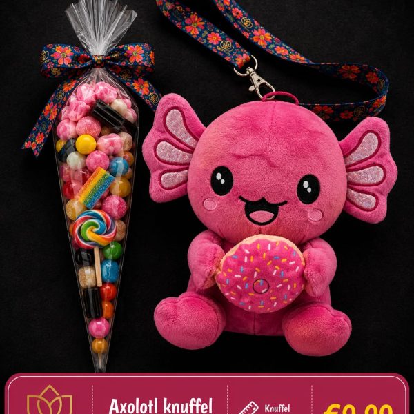 Axolotl knuffel donkerroze met puntzak snoep