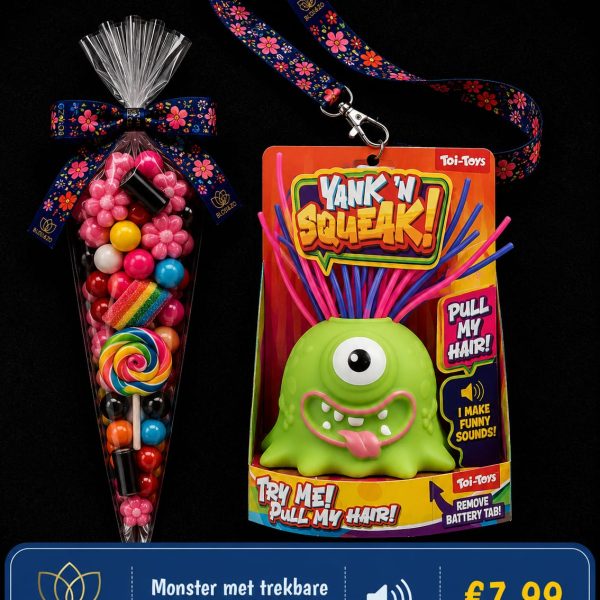Monster met trekbare haren en geluid met puntzak snoep
