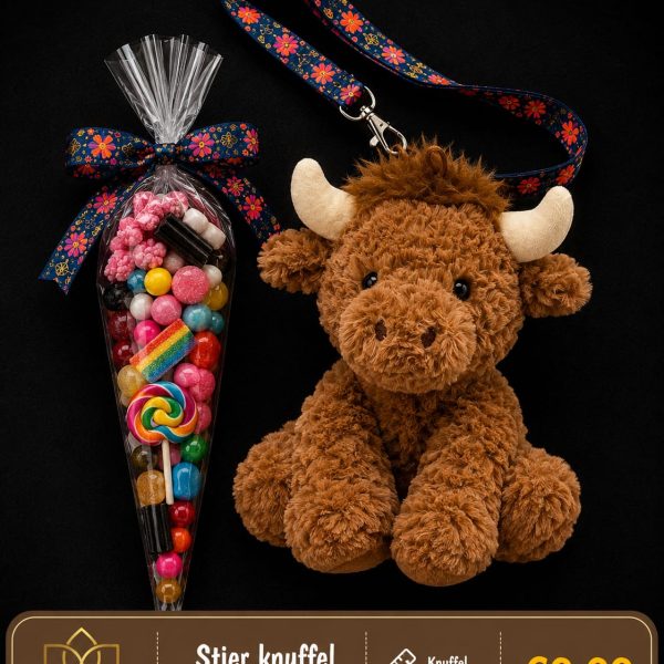 Stier knuffel bruin met puntzak snoep