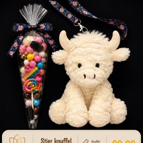 Stier knuffel creme met puntzak snoep