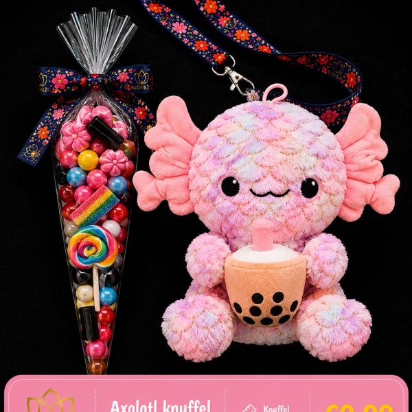 Axolotl knuffel roze met puntzak snoep